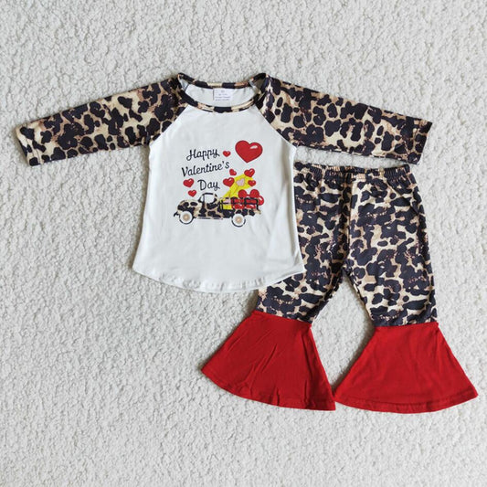 RTS 2022 Hot Sale Baby Girls Children Boutique Valentines Long Sleeve Heart Tractor Top Bell Bottom Pants Leopard Clothing Sets