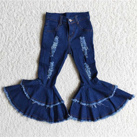 Toddler bell bottom trousers wide leg navy blue elastic denim jeans baby girl flare pants girls ruffles pants for kids no moq