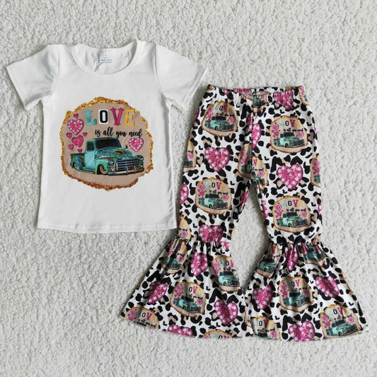 Valentine's day love is all you need T-shirt RTS Wholesale Boutique Baby Bell Bottom pants children clothes baby girl clothes