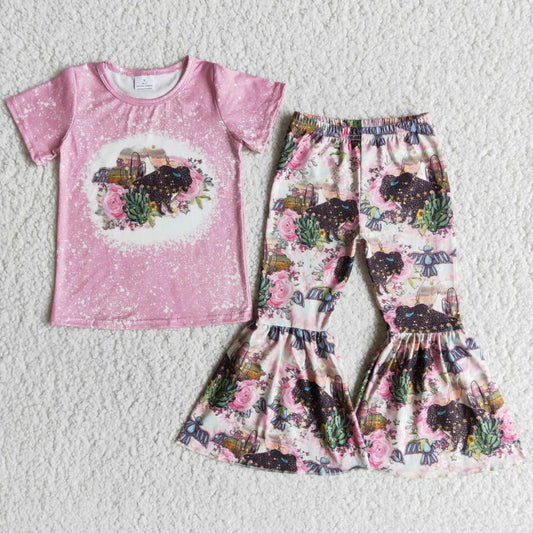 Heifer pink flower Wholesale Boutique RTS NO MOQ Fashion High Quality Cartoon baby clothes kids boutique clothing fashion clothing sets