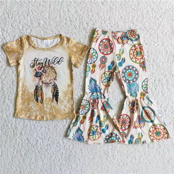 Boutique baby girl outfit stay wild short sleeves shirt new design print bell bottom pants two piece outfits girl clothes