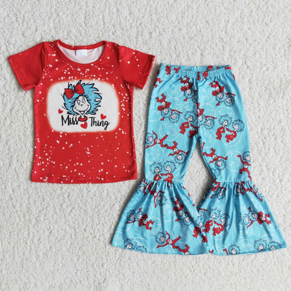 Miss Thing Cartoon Red T-shirt Bell bottoms pants set toddler clothes RTS wholesale no MOQ kids boutique clothing toddler girl