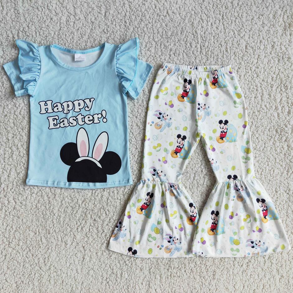 New design girl's blue short sleeve ruffle bunny print bells outfit for easter kids clothing boutique clothes for baby girl