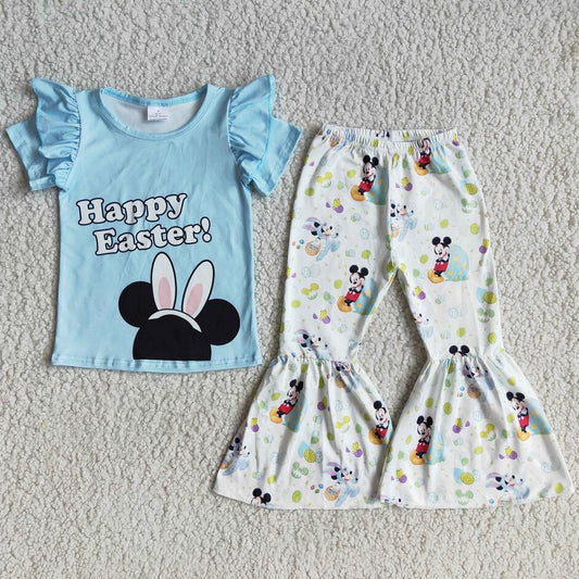 New design girl's blue short sleeve ruffle bunny print bells outfit for easter kids clothing boutique clothes for baby girl