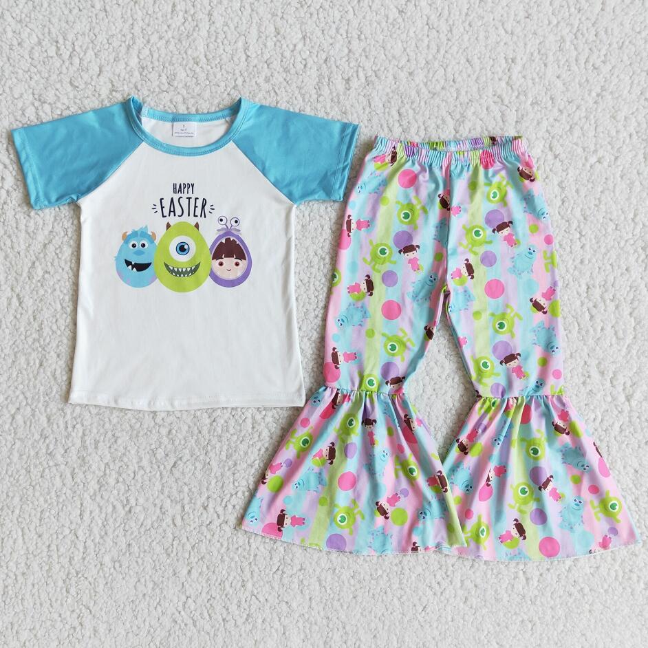 RTS NO MOQ ready to ship kids boutique outfit easter eggs colorful girl print pants girls clothing sets baby girl clothes