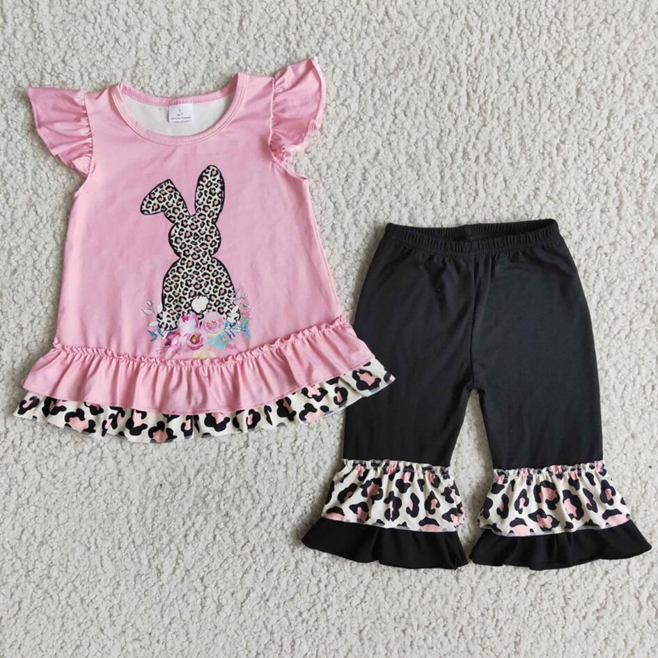 RTS Baby Girls Pink Flutter Sleeve Bunny Tunic Ruffle Capris Children Boutique Kids Toddler 2pcs Easter Holiday 2022 Clothes Set