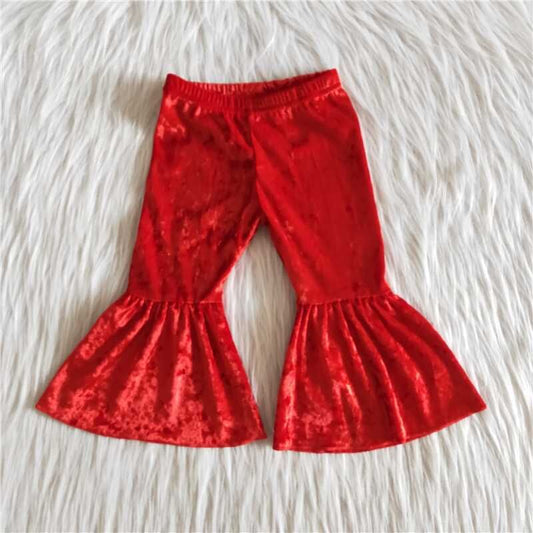 Baby Girls Red Color Velvet Bell Bottom Pants Ready To Shop Christmas Fall Design Thick Fabric Wholesale Kids Children Trousers