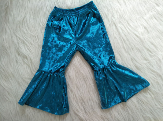 Baby Girls Blue Color Velvet Bell Bottom Pants Ready To Shop Christmas Fall Design Thick Fabric Wholesale Kids Children Trousers