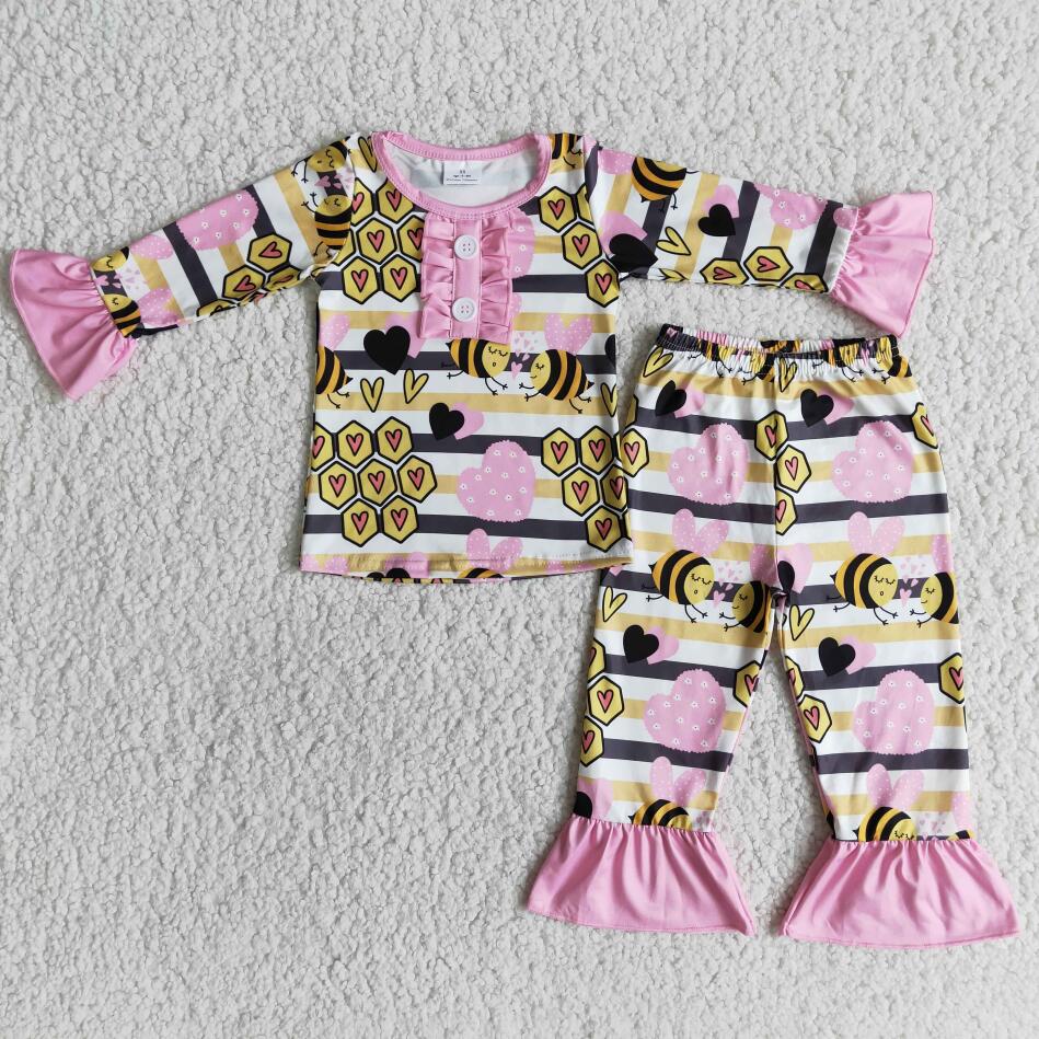 Bee pink ruffle 2pc toddler clothes RTS wholesale no MOQ kids boutique clothing baby bell bottom outfits baby girl clothes