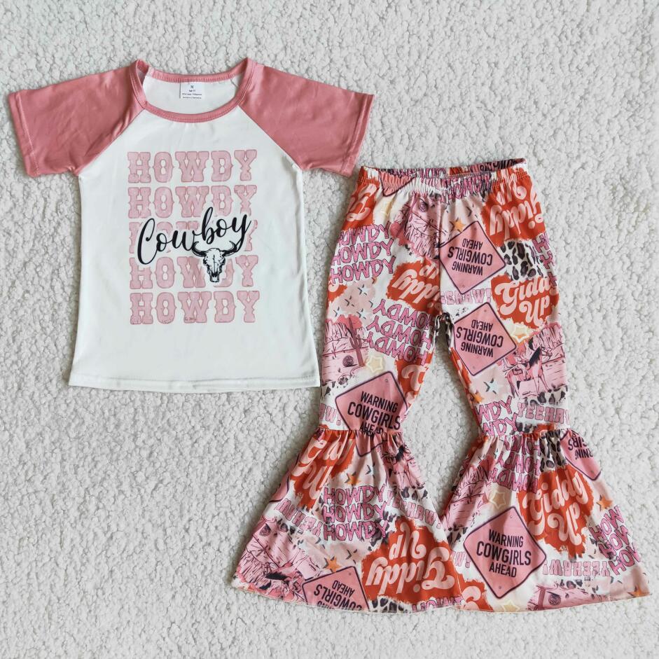 Cowboy girls clothing sets pink short sleeves shirt with bell bottom pants western cow Cactus print new girls sets