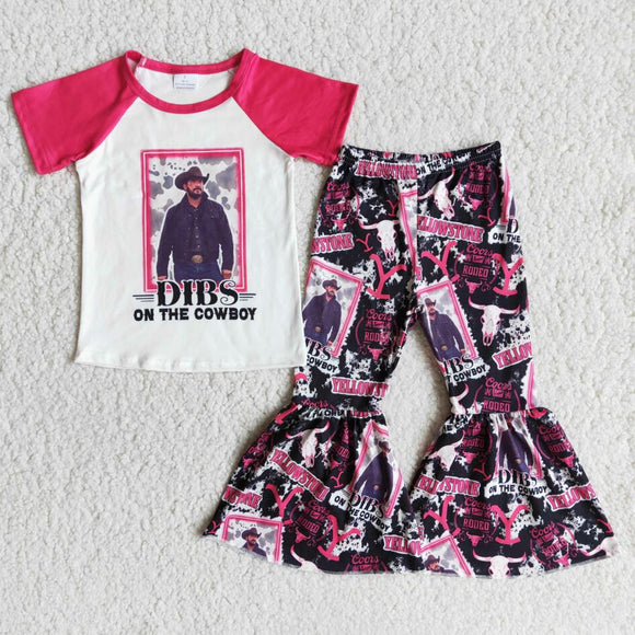 2022 new design infant girl's hot pink short sleeve skull cowboy bells outfit kids clothing child boutique clothes for baby girl