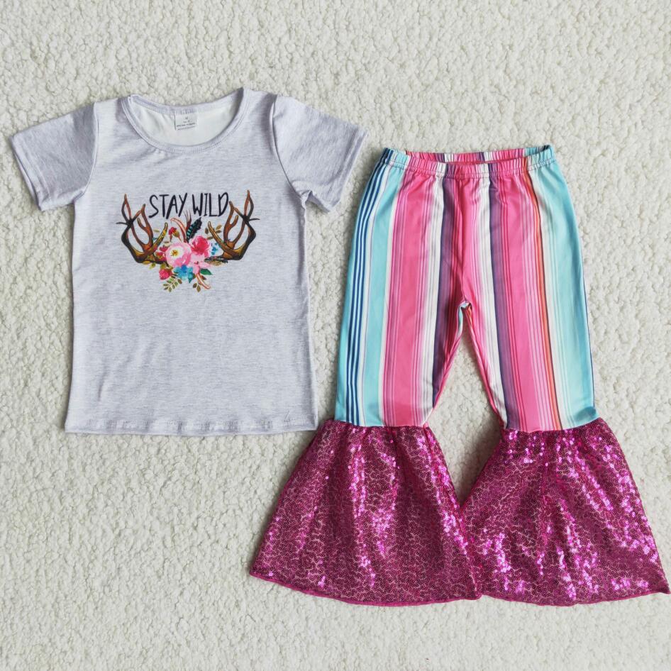 Hot sale baby short sleeve girls kids clothing floral bull sequin baby clothing sets