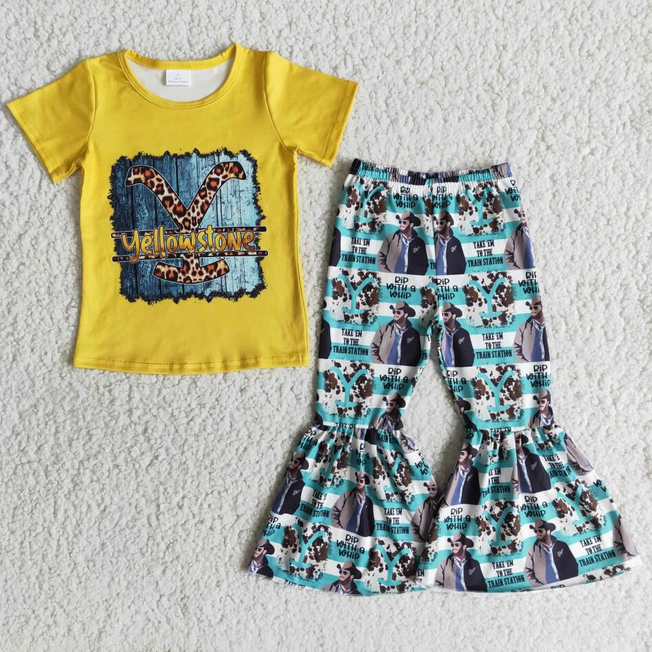 fashion spring kids girl clothing set 2 pcs yellow print t shirt cartoon pant set for girl clothes