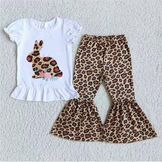 hot sale new infant kids girl clothing set short sleeve top leopard pant 2 pcs clothing set easter girl outfit