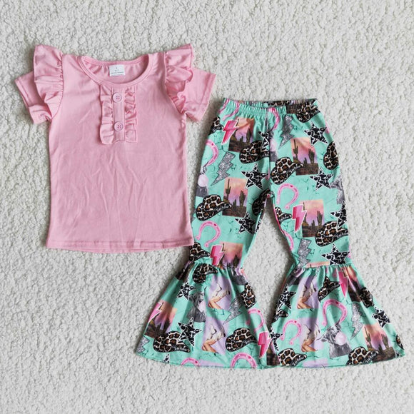 new design toddler girl clothes pink flutter sleeves cow pattern stars cowboy hats baby bell bottoms sets baby clothes