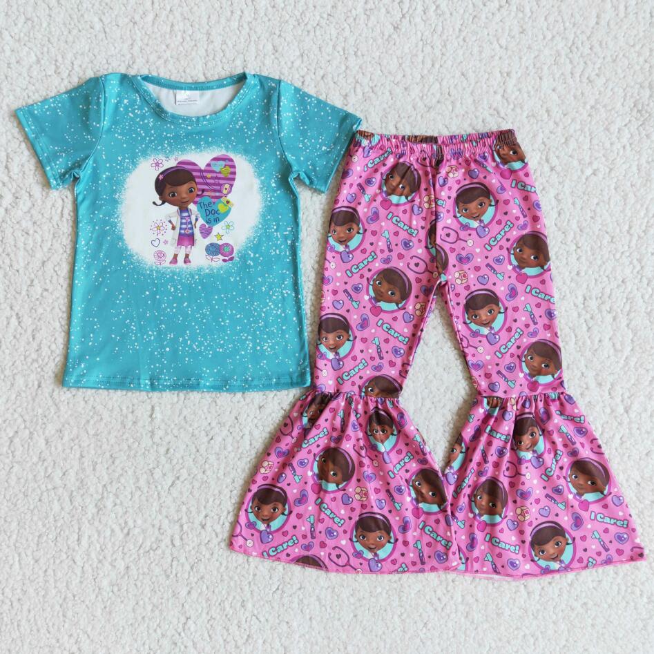 RTS kids clothes cute girl print blue purple heart top pink western bell pants sets toddler girl clothes baby clothing sets