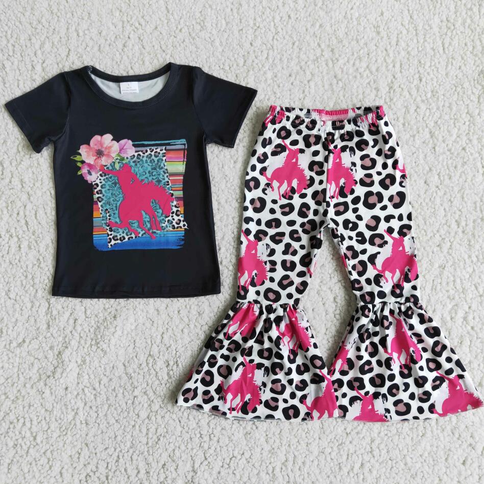 RTS Baby Girls Western Black Tee Shirt Top Horse Children Boutique Bell Bottom Pants Wholesale Kids Toddler Clothing Sets