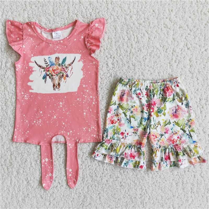 RTS girls clothes animal cow pattern floral print flutter sleeves shorts sets kids clothing sets toddler girl clothes