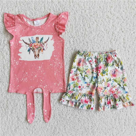 RTS girls clothes animal cow pattern floral print flutter sleeves shorts sets kids clothing sets toddler girl clothes