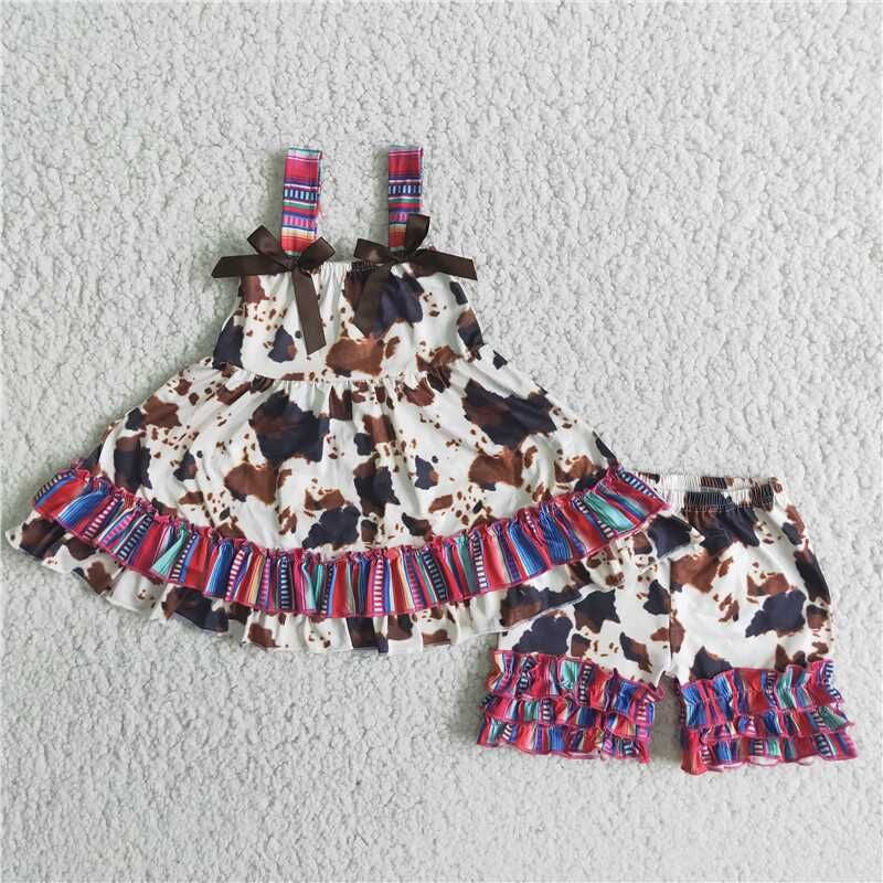 RTS girls clothes cow pattern flutter sleeves icing shorts sets kids clothing sets toddler girl clothes