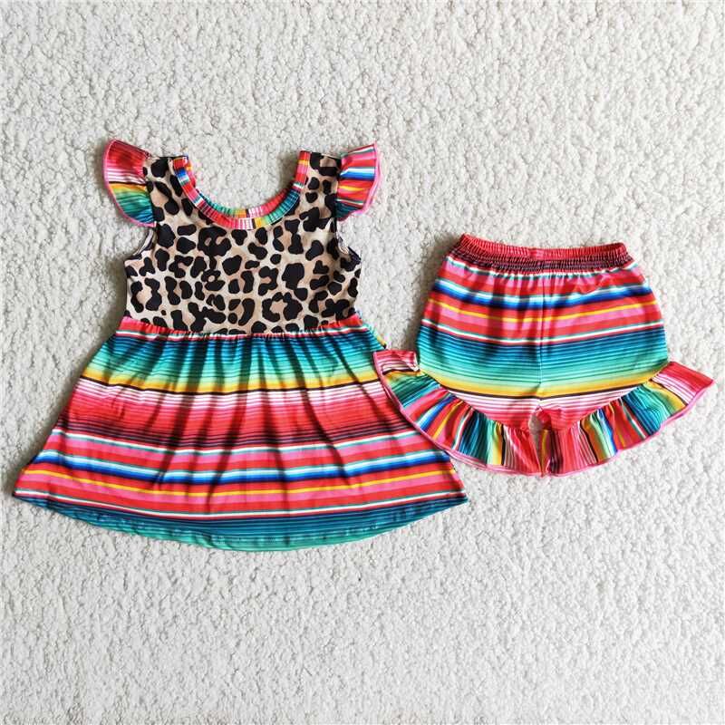 RTS girls clothes leopard pattern flutter sleeves ruffle shorts sets kids clothing sets toddler girl clothes