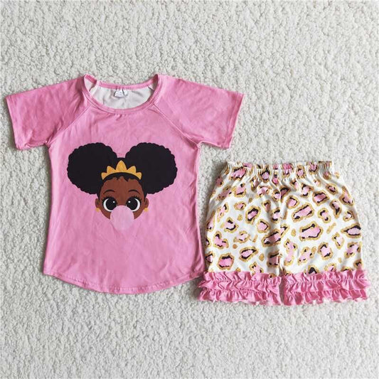 RTS girls clothes pink color leopard ruffle shorts sets kids clothing sets toddler girl clothes