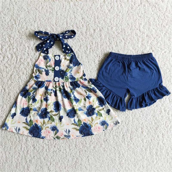 RTS girls clothes blue floral ruffle shorts sets kids clothing sets toddler girl clothes