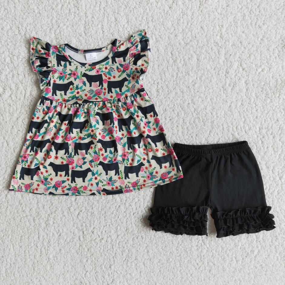 RTS girls clothes animal pattern floral print flutter sleeves black shorts sets kids clothing sets toddler girl clothes