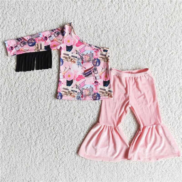 Wholesale baby set clothing cowgirl off-the-shoulder design pink gold velvet pants little girls clothing sets