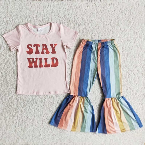 infant toddle girls stay wild short sleeve top stripe bell bottom pants outfits children girls spring summer clothing baby outfit