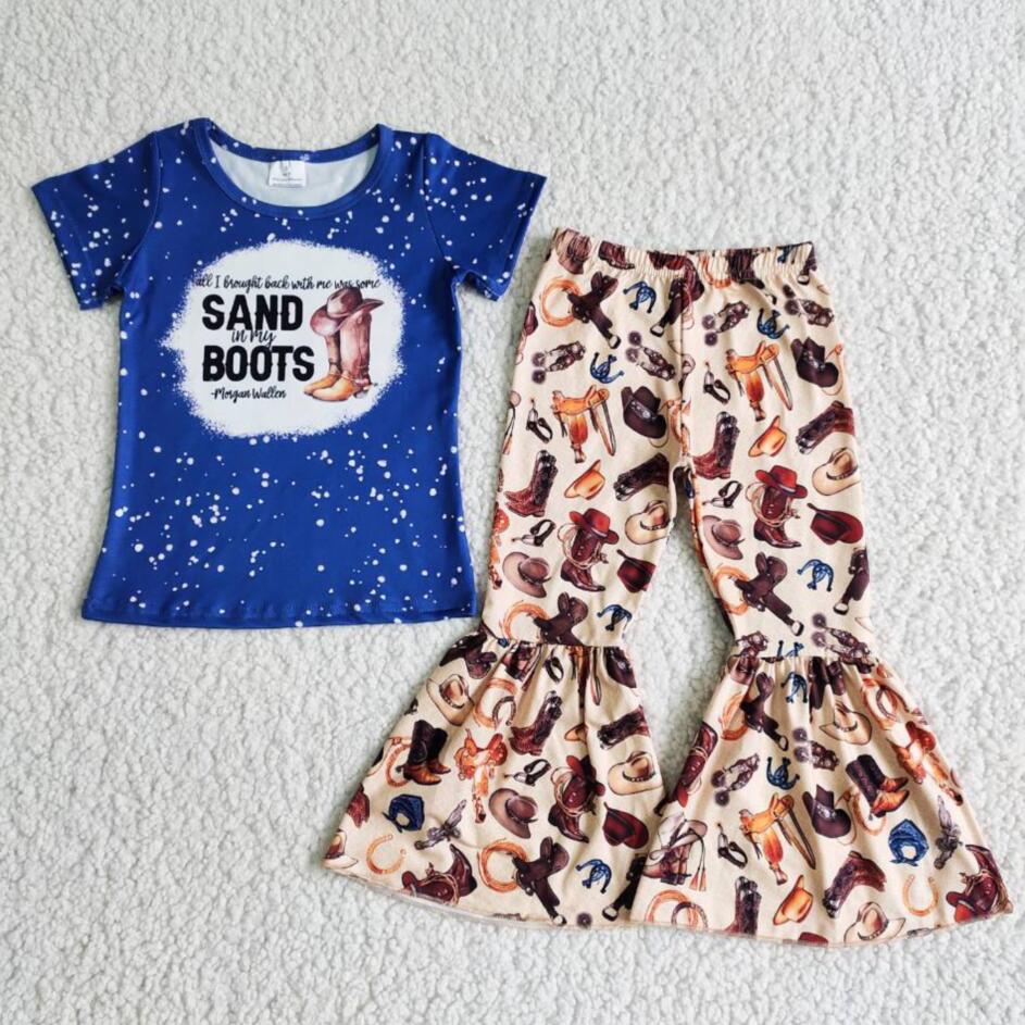 Sand boots blue t-shirt bell bottom pant Spring clothing boutique clothes wholesale RTS NO MOQ girls toddler girls clothing set