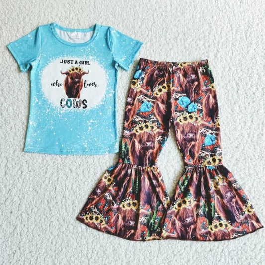 Kids short sleeve cow print t-shirt bell bottom pants 2pcs outfit children girls spring summer clothing children outfits