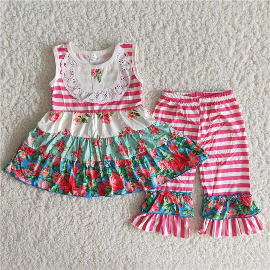 Popular infant toddle girls short sleeve pink floral top bell bottom pants outfits children girls spring summer clothing baby outfit