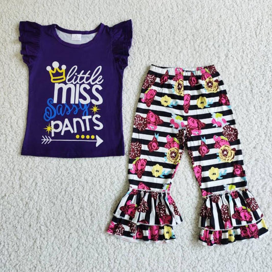 Popular infant toddle girls short sleeve purple top bell bottom pants outfits children girls spring summer clothing baby outfit