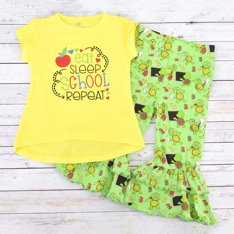 New Back To School Apple Print Short Sleeve Shirt Cartoon Bell Pants 2 Pcs Outfits For Girl Good Quality Kid's Clothing Set