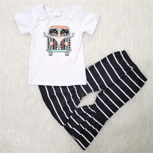 New Back To School Bus Floral Print Short Sleeve Shirt Stripe Bell Pants 2 Pcs Outfits For Girl Good Quality Kid's Clothing Set