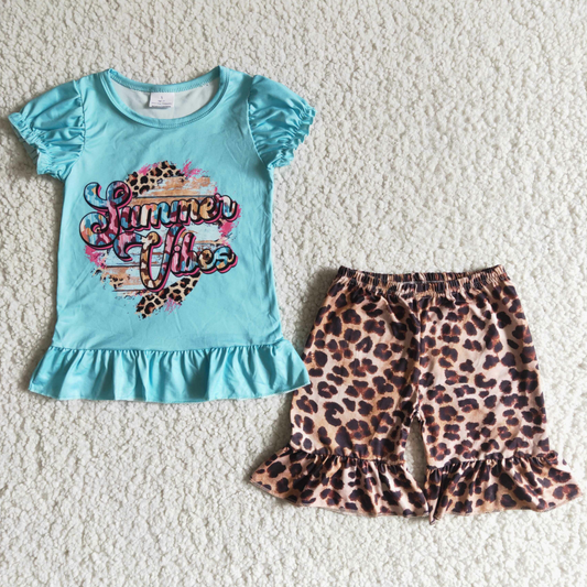 Girls summer clothing set summer vibes blue color short sleeves shirt with girls shorts leopard boutique new kids clothes set