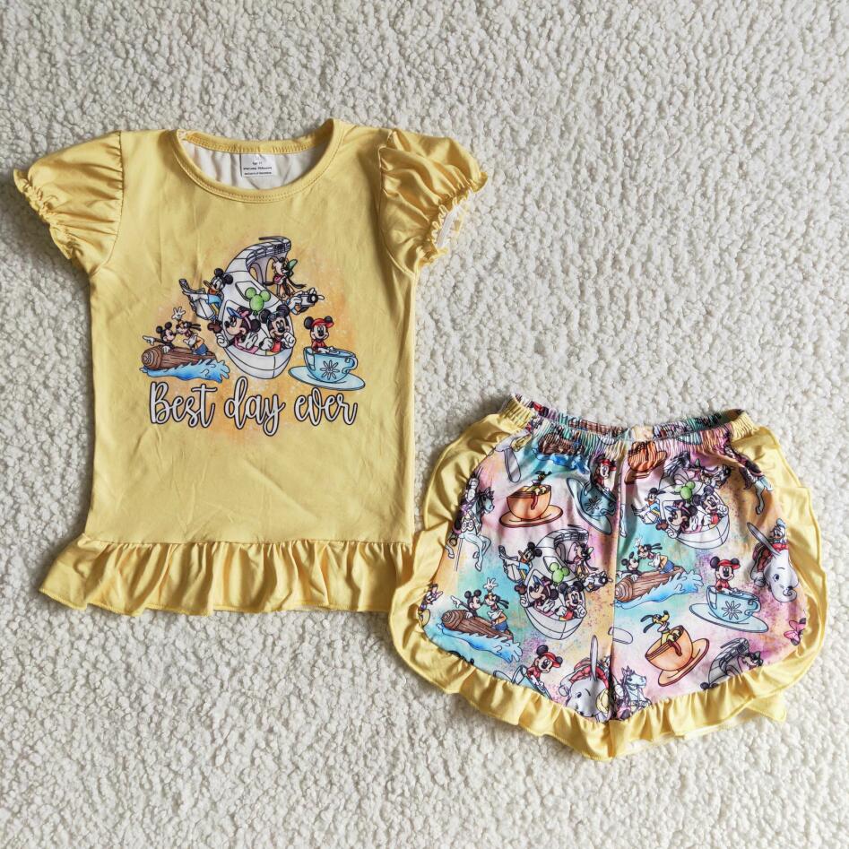 Baby girl clothes set summer kids clothing cartoon print short sleeves shirt yellow ruffle shorts set boutique kids set clothes