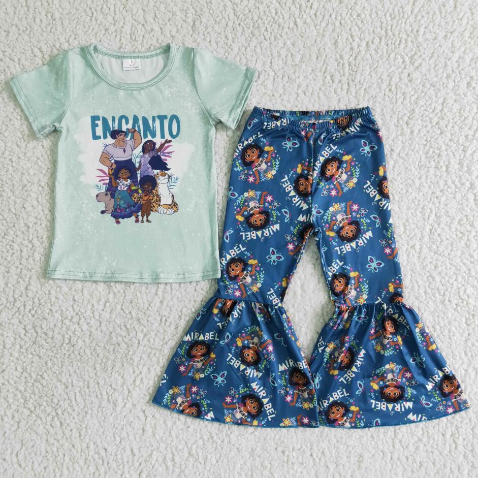 Toddler little girls clothing sets cartoon print short sleeves bell bottom pants wholesale kids clothing sets clothes