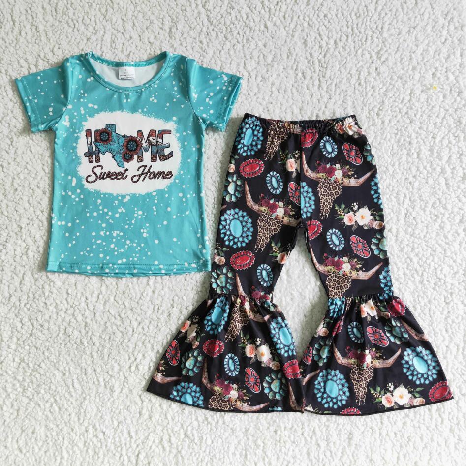 kids clothing new arrival sweet home blue T-shirt bell bottom set boutique clothes wholesale RTS NO MOQ kids children outfits