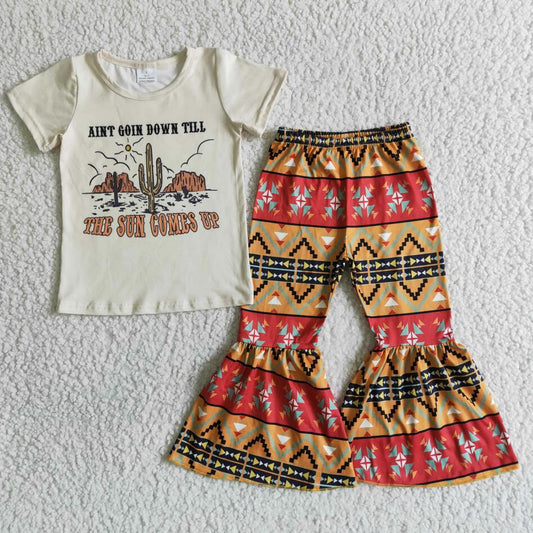 Kids clothes set girls the sun comes up short sleeves shirt with bell bottom pants western design new wholesale kids outfits