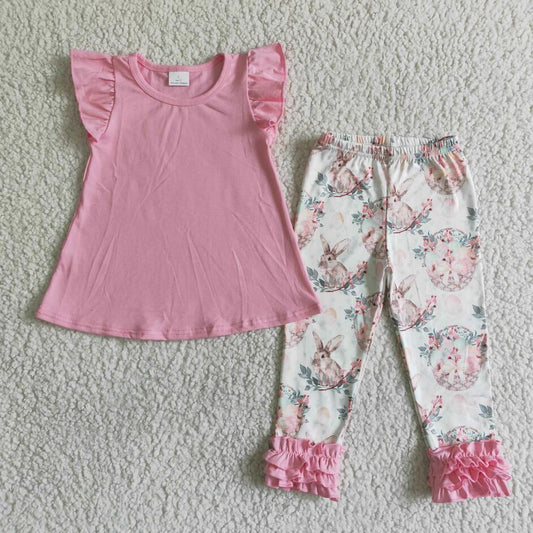 New easter clothes kids pink ruffles short sleeve shirt top with bunny rabbit print long pants boutique girls easter outfits