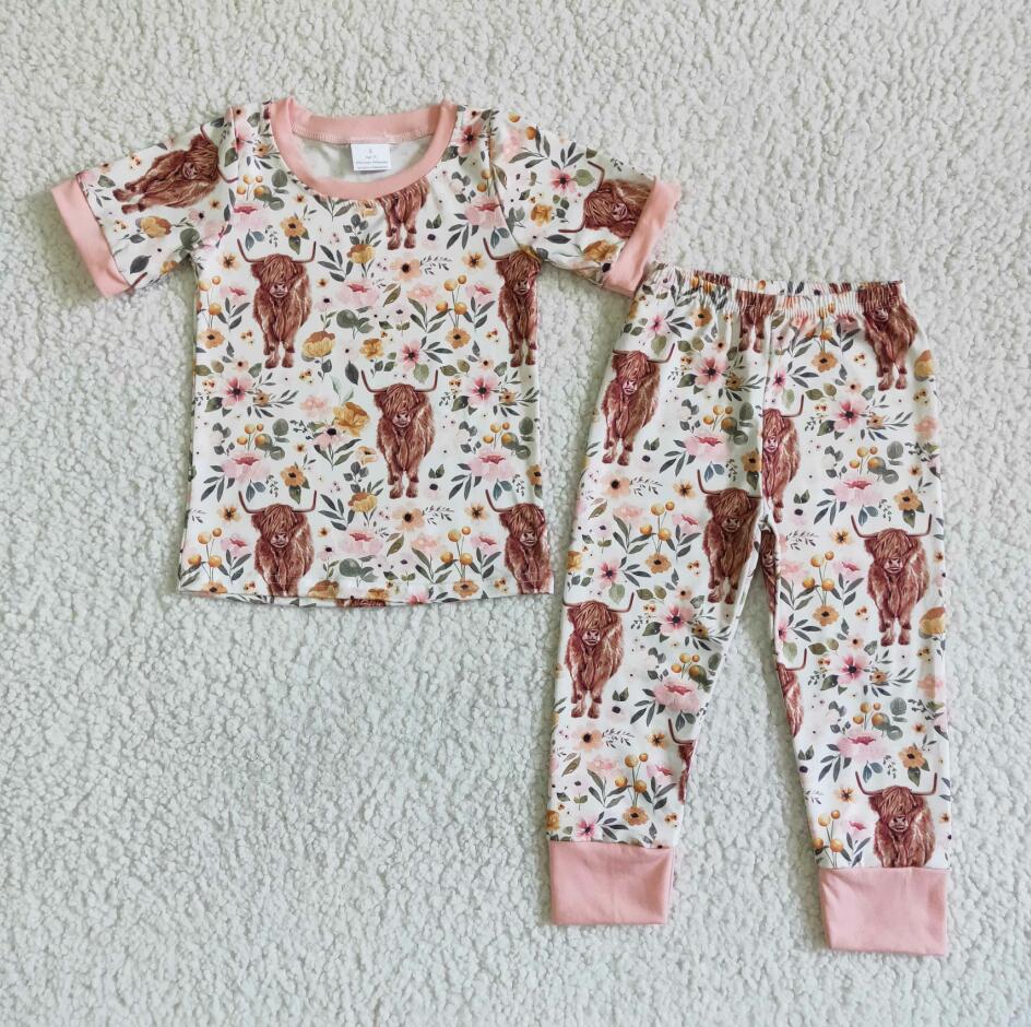 C2-14 Girls Western Design Heifer Short Sleeve Pants Pajamas Set