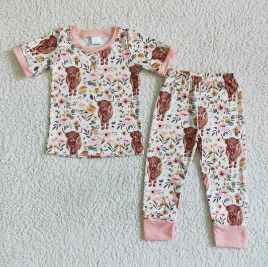 C2-14 Girls Western Design Heifer Short Sleeve Pants Pajamas Set