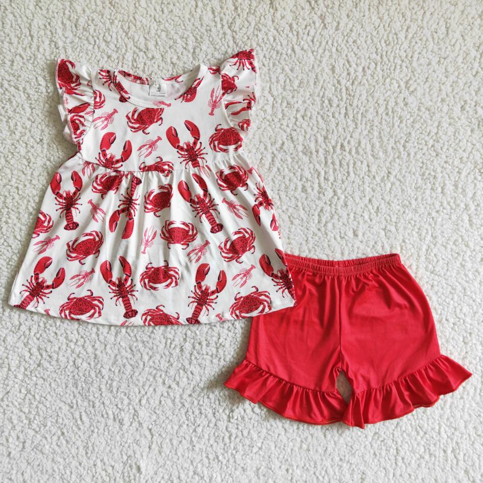 C0-27 SUMMER BABY GIRLS CRAYFISH RED RUFFLE SHORTS OUTFIT