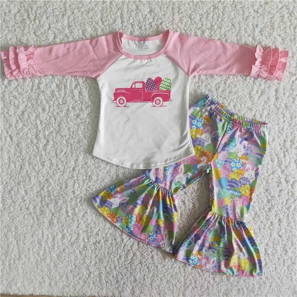 6 B1-21 RTS 2022 Baby Girls Easter Pink Tractor Egg Design Long Sleeve Pink Raglan Bell Bottom Pants Wholesale Kids Clothing Suits