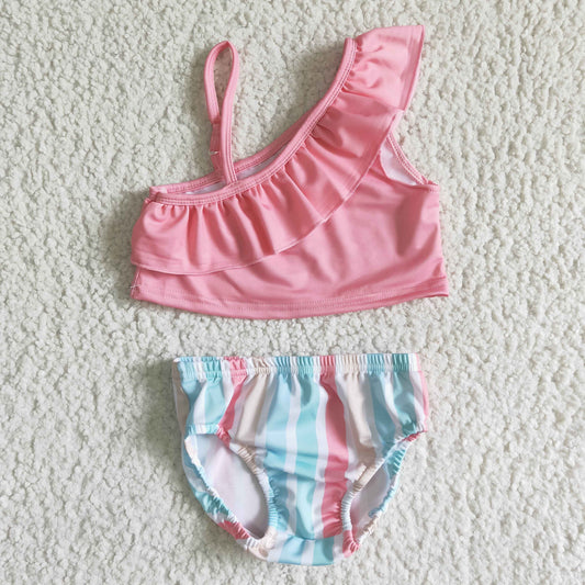 S0021  Pink suspender top with blue, pink, yellow vertical stripe shorts