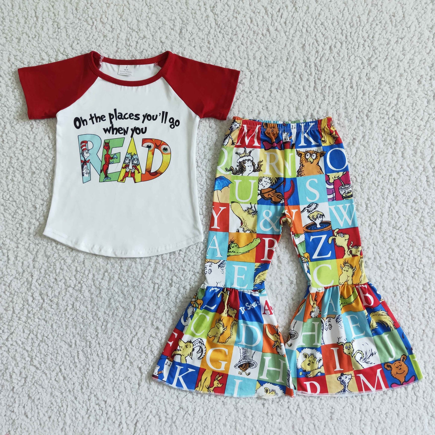 B17-16   Alphabet red short-sleeved top with colorful anime movie-print flared pants