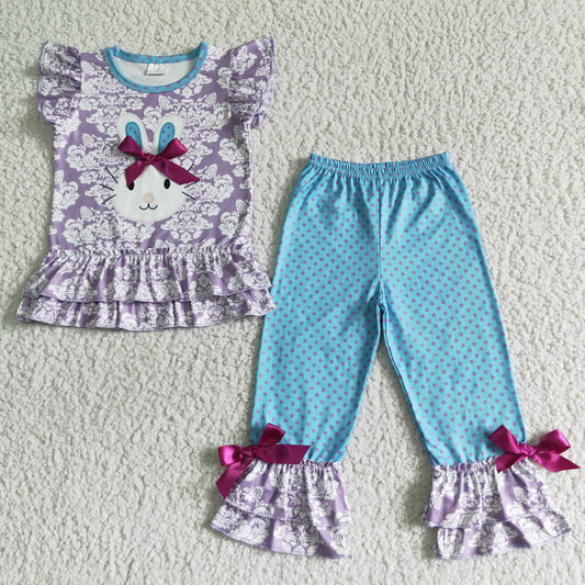 A0-1 Rabbit pattern purple short-sleeved top with printed trousers set