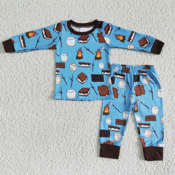 6 A6-3  Flame Match Print Blue Long Sleeve Trousers Suit for Boys